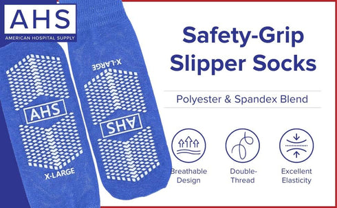 Pack 6 AMERICAN HOSPITAL SUPPLY AHS Slipper Socks | Blue X-Large Polyester-Spandex Knit Grip Socks with Elastic Cuff |