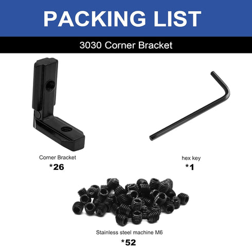 26Pcs 3030 Inside Joint Corner Brackets Set with Screws, Black Angle Connector for 3030 Series Aluminum Extrusion