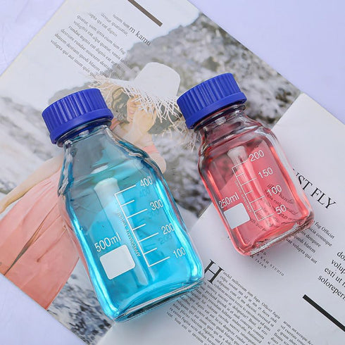500ml Graduated Glass Round Media Storage Bottle with Blue GL45 Screw Cap, Wide Mouth Lab Reagent Bottle