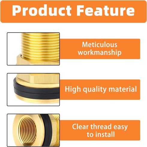 GASHER 2PCS Brass 1-1/2" Female 2" Male Bulkhead Tank Connector Adapter Fitting with Rubber Ring