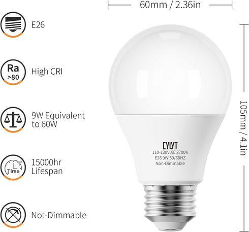 4-Pack Light Bulbs, 60 Watt Equivalent, 2700K Soft White, E26 A19 LED, 9W 800 Lumen, Non-Dimmable for Indoor Outdoor