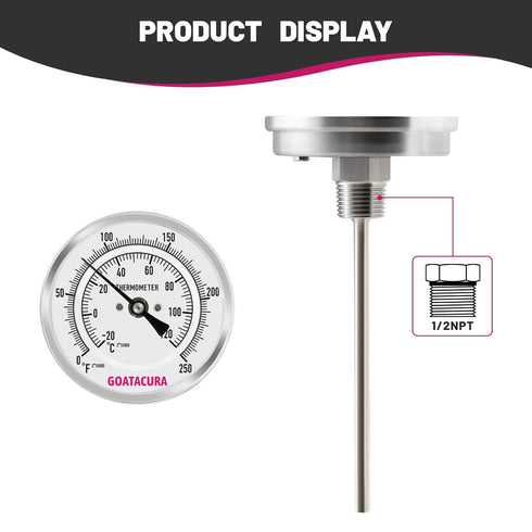 Bimetal Thermometer, Full Stainless Steel, 3" Dial Size, 6" Stem, 1/2" NPT Back Mount, 0-250 Deg F/-20-120 Deg C