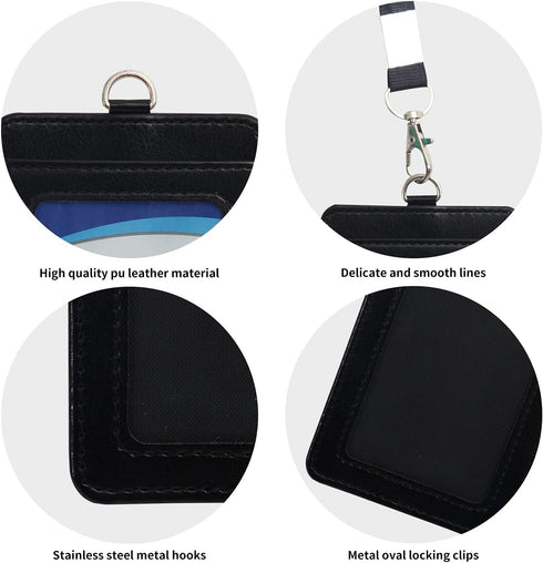 Badge Holder with Detachable Lanyard, Vertical PU Leather ID Holder with Clear ID Window & Card Slot (Black)