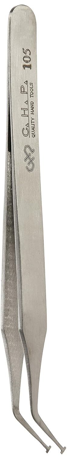 Hakko CHP 105-SA Stainless Steel Non-Magnetic Tweezers, Curved Shaft, 2.5mm Flat Tips, 4-3/4" Length, Silver
