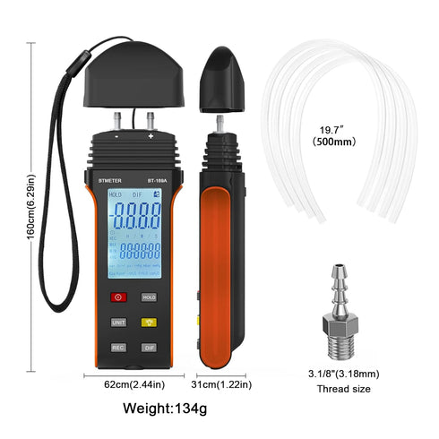 BTMETER Manometer HVAC Gas Pressure Tester 189A, Dual-Port Air Pressure Meter Gauge with Hose Kit