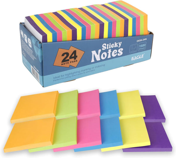 Eagle Sticky Notes, 3 x 3 -Inch, 24 Pads, 70 Sheets Each, 6 Assorted Vibrant Colors for Home, School and Office Use