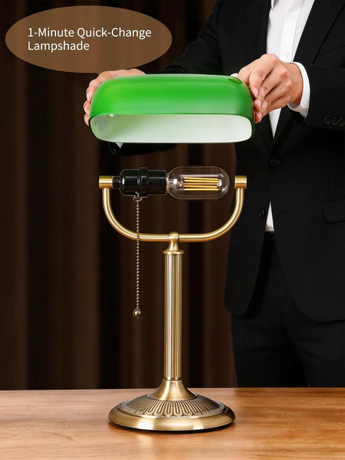 1-Minute Bulb Quick-Change Shade Classic Green Glass Bankers Desk Lamp for Study, Office, Library, LED Included