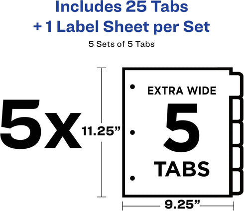 Avery 5-Tab Extra Wide Binder Dividers, White, Easy Print & Apply Clear Label Strip, 5 Sets (11440)
