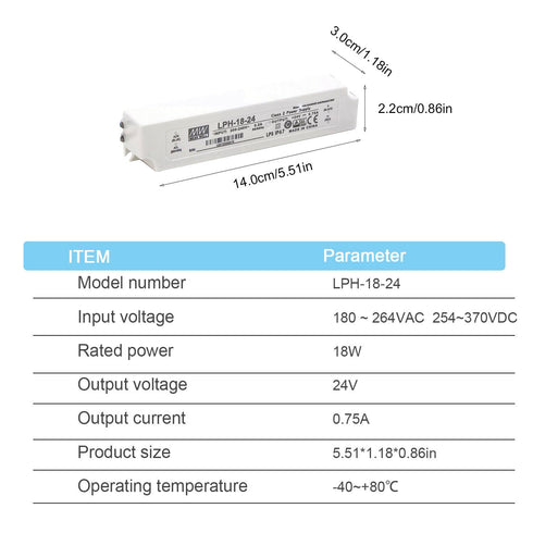 DineDeck LPH-18-24 18W 24V 0.75A IP67 180-264VAC Waterproof Power Supply - Smart Home, Garden Lighting, Outdoor Sensors