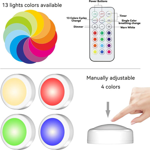 Remote,13 Closet, 3M (White,2-Packs) SFMSMOks Ratterv Oneratedl FD Puck liahts with Wireless Color RGB -for Bedroon