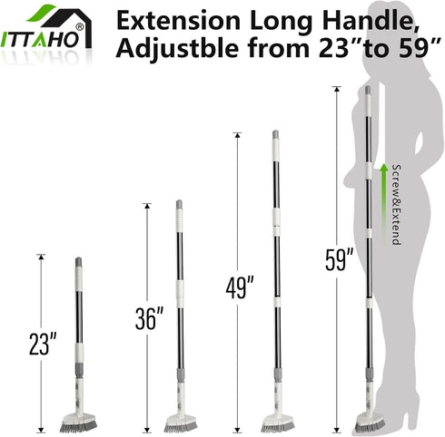 4 Heads,59" ITTAHO Tile Tub Scrubber Brush with Cleaning Long Handle Stiff Bristles Scrub Brush with Extendable Pole