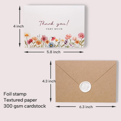 Liheheca Pack 24, Set 4x6 Inch Floral Thank You Cards with Kraft Envelopes and Wax Seal Stickers, Bulk of Flower