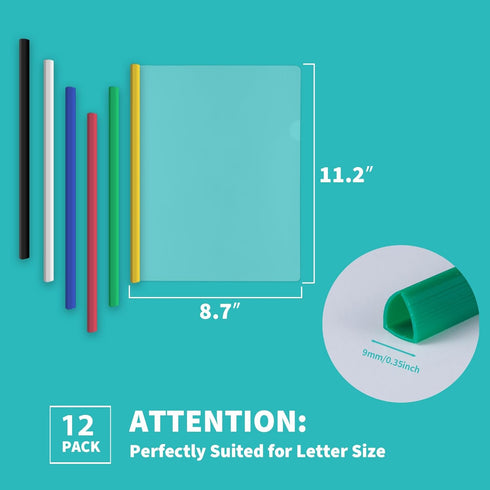 Binditek 12 Pack Clear Report Covers - Sliding Bar File Folder, 50 Sheet Capacity, Multi Color