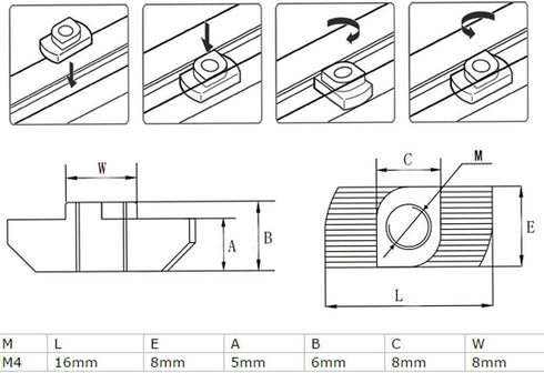 3030 Series 50-Pack M4 T-Nuts, Carbon Steel Nickel-Plated Half Round Roll in Sliding T Slot Nut