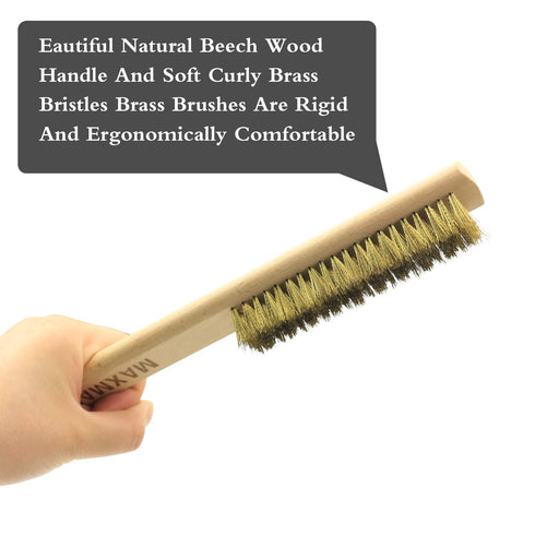 MAXMAN Brass Brush Set 4Pcs, Soft Brass Bristle Wire Brushes with 10 Inch Beechwood Handle, Metal Brush for Cleaning
