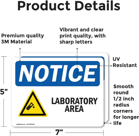 (2 Pack) Laboratory Area Sign With Symbol OSHA Notice Sign 7 Inch X 5 Inch Vinyl Label Decal Sticker Weather Resistant, UV Protected for Workplace, Business, and Construction Site, Made in the USA by SignMission