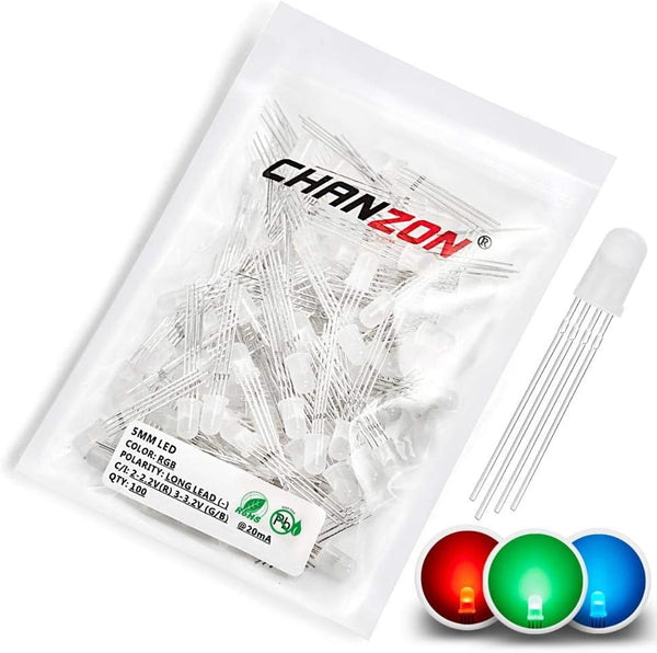 Chanzon 100 pcs 5mm RGB Multicolor Diffused LED Diode Lights, Frosted Round Tricolor, 4 Pin