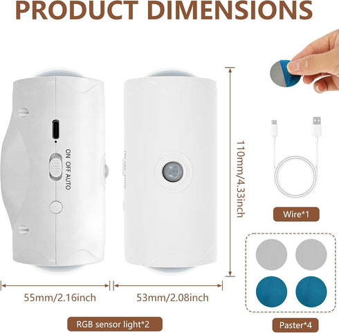 Tcwhniev Set 2, Dimmable Peel and Stick Sconces of Motion Sensor Wall Light Indoor, USB Rechargeable RGB Wall Lamps