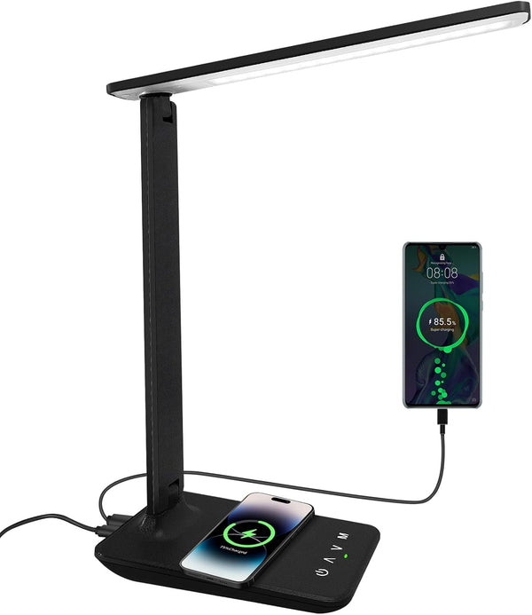 White crown LED Desk Lamp with 15W Wireless Charger & USB Port,