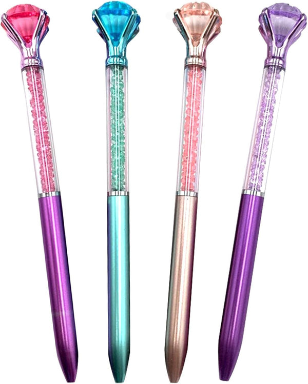 Diamond Pens Pack of 4, Cute Retractable Ballpoint Pens with Rhinestones, Crystal Bling, Blue Gel Ink for Women Gifts