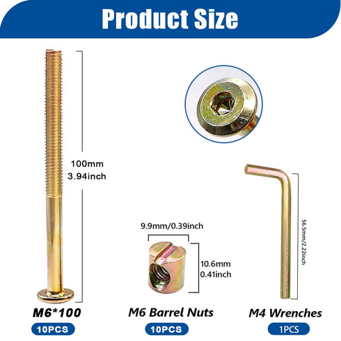 10 Set M6x100mm M6 Taiss Barrel Bolt Nuts,Crib Screws,Baby Crib Parts Hex Socket Cap Screws and Barrel Nuts/Wrenches