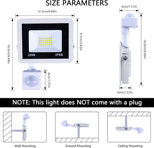 20W Plug in LED Motion Sensor Flood Light, PIR Induction Lamp for Outdoor Security, IP66 Rainproof Work Light