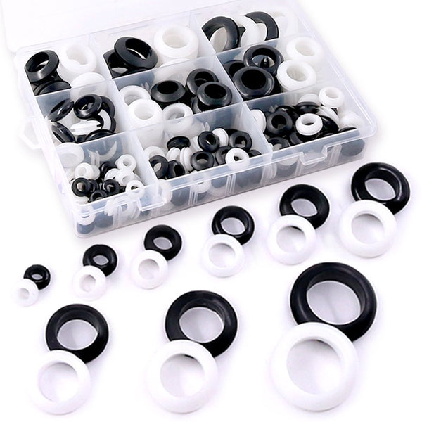 Glarks 200Pcs Black/White Round Rubber Grommet Assortment Kit - 9 Sizes for Electrical Wiring