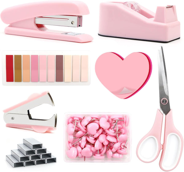 Pink Desk Accessories, Stapler and Tape Dispenser Set, Pink Office Supplies Kit for Students, Women, Coworkers