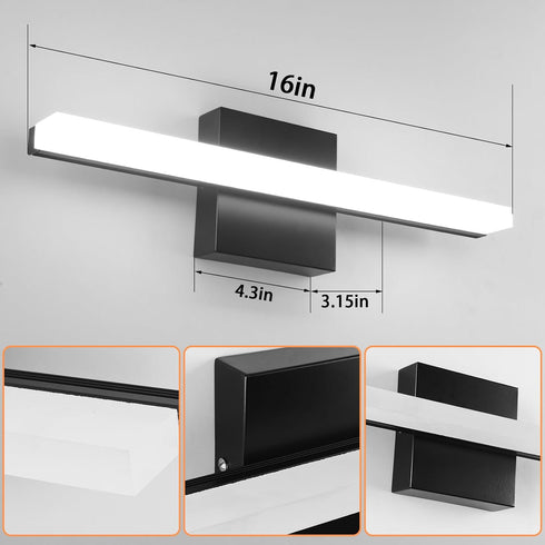 16in 3 3000K/ 4000K/ 5000K LED Bathroom Vanity Light Color Temperature Over Mirror Lighting Fixture Modern Indoor Black