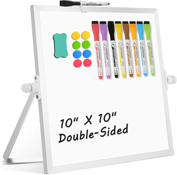 Dry Erase Magnetic White Board, 10" x 10" Double-Sided Desktop Whiteboard with Stand, Portable Small Set for Drawing,