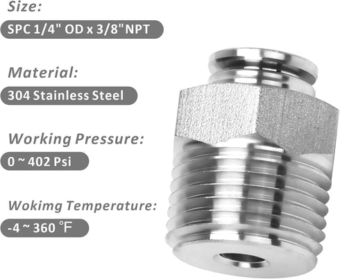 Push to Connect Fitting, 304 Stainless Steel Male Straight 1/4" Tube OD x 3/8" NPT Thread (Pack of 5)