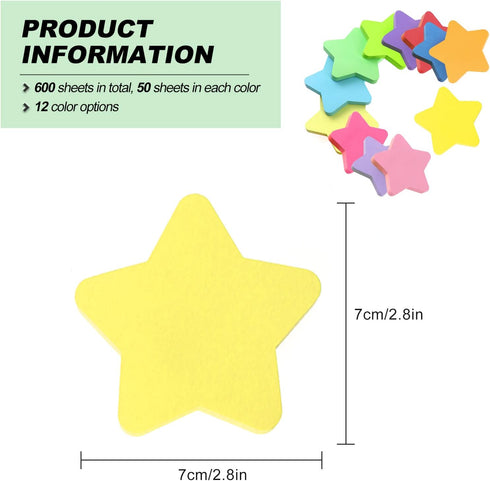 Self Sticky Post Notes, Bright Colorful Creative Sticky Notes for Notebooks Bible Study School Office Supplies 2.75 x 2.75 Inch 50 Pieces/Pad 600 Sheet Star