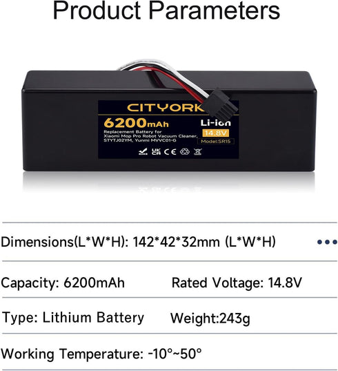 6200mAh Replacement Battery for Wyze Robot Vacuum, Compatible with Xiaomi Mop Pro/Xiaomi Mop 2S, Conga Series, Haier