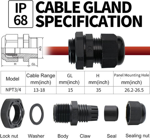 Cable Glands 3/4 Inch Nylon Waterproof Cable Connector, IP68 Waterproof Cable Range 13-18mm, 12 Pack