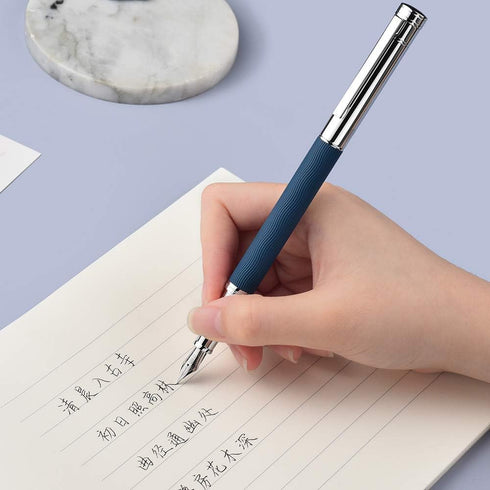 Hongdian 1843 Navigator Fountain Pen, Fine Nib Solid Metal with Refillable Converter and Blue Ripple Pattern Case