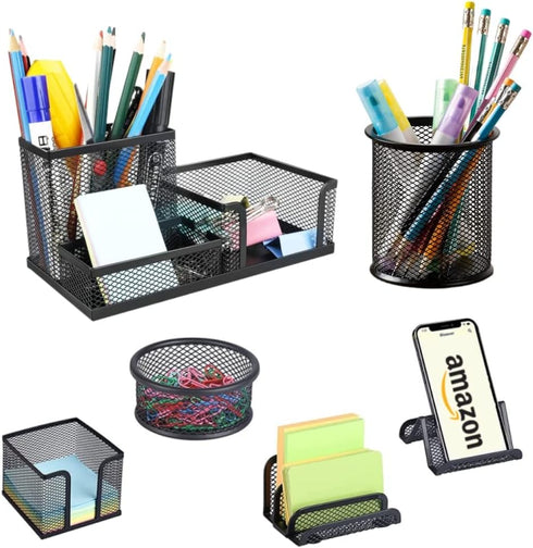 Desk Organizer for Office, 6 Pieces Black Mesh Multi-functional Storage Set for Office Supplies Accessories