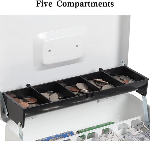 Cash Box with Key Lock, Durable Metal Cash Box with Money Tray, Lock Box Safe Storage Security Locker with Cable, White