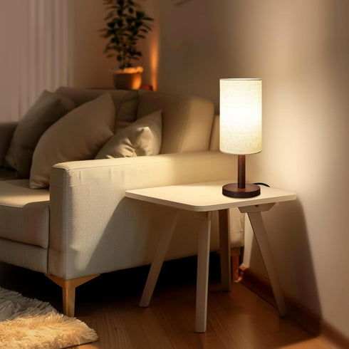 Bulb Wood2) LALISU Small Table Lamp Nightstand Lamp Linen Lampshade Bedroom Wood Base Small Bedside Lamp for Night