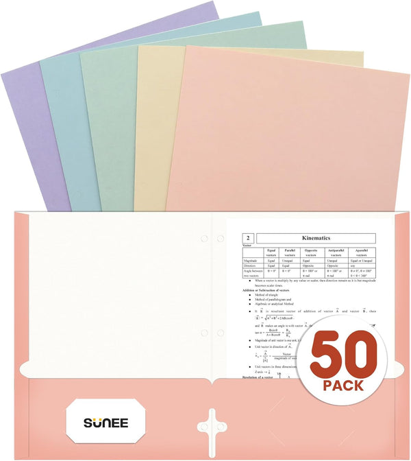 SUNEE 50 Pack Folders with Pockets 3 Hole Punched, Pastel Colors, 2 Pocket Fit Letter Size