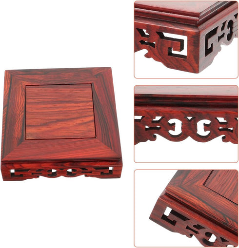 4.09X4.09X1.29 Inch SOLUSTRE Wood Base Display Stand Carved Wooden Pedestal Riser for Teapot Planter Crafts Home
