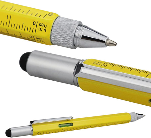 HeTaoCat Gifts Multi Tech Tool, 6 in 1 Stylus Pen with Screwdriver, Ruler, Levelgauge, Ballpoint Black Ink (Yellow)