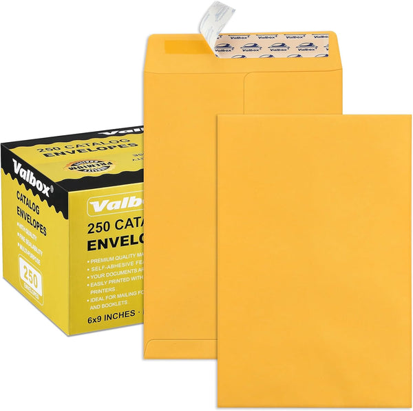 ValBox 6x9 Self Seal Catalog Security Envelopes, 250 Count Small Brown Kraft Envelopes for Mailing, Storage & Organizing