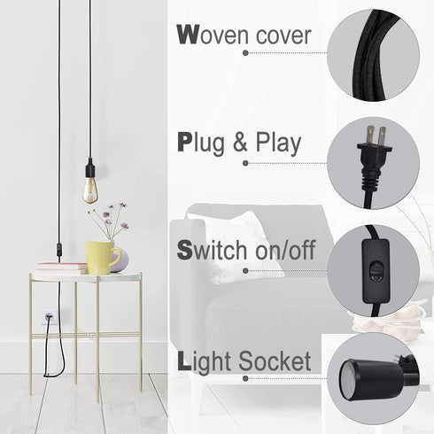 2 Pack 16.4Ft E26/E27 HESSION Plug-in Pendant Light, Vintage Industrial Edison Light Socket Silica Gel Base, Black