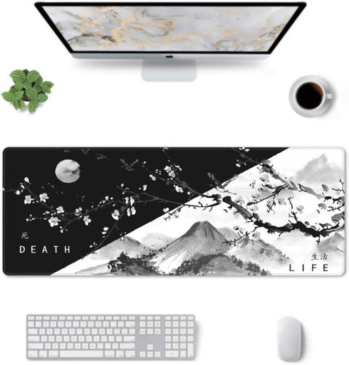 Black White Japanese Cherry Blossom Gaming Mouse Pad, 31.5 X 11.8 Inch XL Pink Cool Design Big Mousepad for Home Office