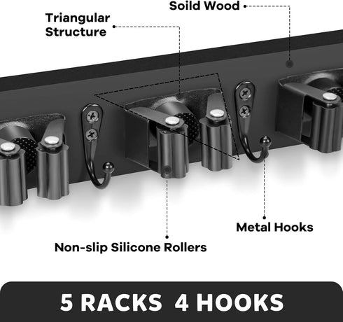 IMILLET Wall Mount Broom Holder, Wood Organizer with 5 Racks and 4 Hooks for Laundry Room and Home Storage