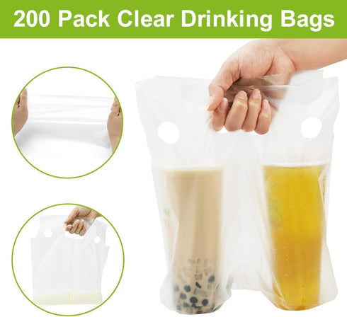 200 Packaging 11 11.8 Inch PCS Handle Drinking Poly Bags, Double Cup Carriers Bag Clear Portable Plastic Bags