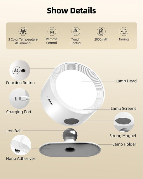 3 360 Dimmable 3 Pack) LED Wall Mounted Lights, Rechargeable Wall Sconces with Remote & Touch Control, Color
