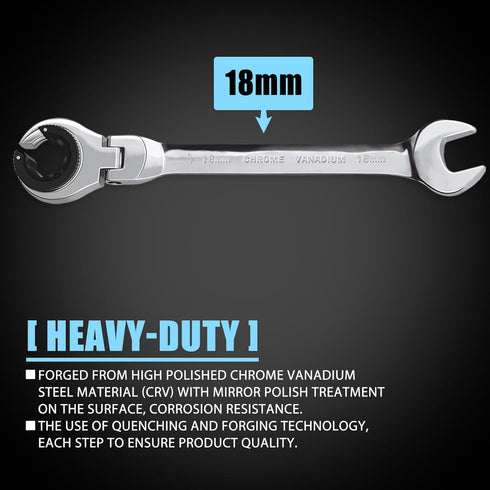 1PCS 18mm Open Flex-Head Ratcheting Wrench, Metric Spanner with 74 Teeth, Chrome Vanadium Steel