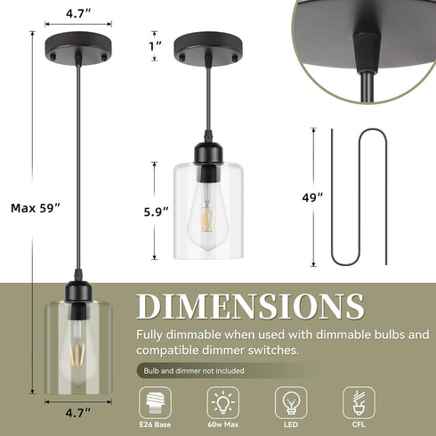 2 Pack) CANMEIJIA Modern Black Farmhouse Pendant Light with Glass Shade, Industrial Pendant Lighting, Island Lights