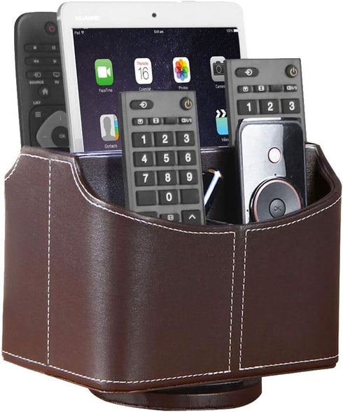 YAPISHI 360 Degree Spinning Leather Remote Control Holder, Desk Caddy/Box, Coffee Table Organizer for Media, Calculator